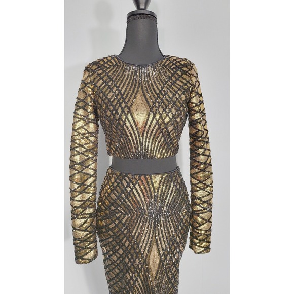 Marciano Gold Sequin Long Sleeve Crop Top & Midi Skirt Set Party Cocktail - Picture 7 of 9